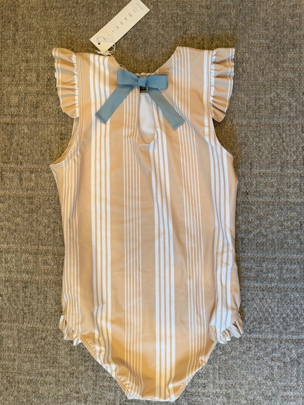 Ruffle Shoulder One-Piece Swimsuit in Beige Stripe